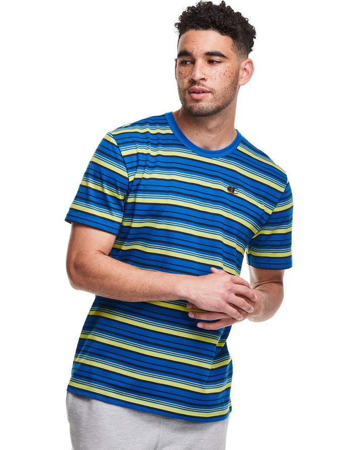 Tricou Champion Yarn-Dye Stripe C Logo Barbati Albastri / - Romania KWDTMYZ-50